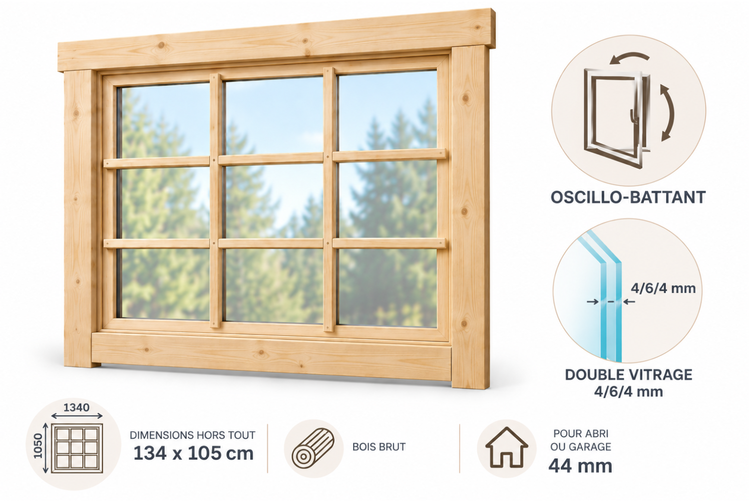 Fenêtre supplémentaire bois brut pour abri ou garage de 44mm - 134x105 cm - Double vitrage