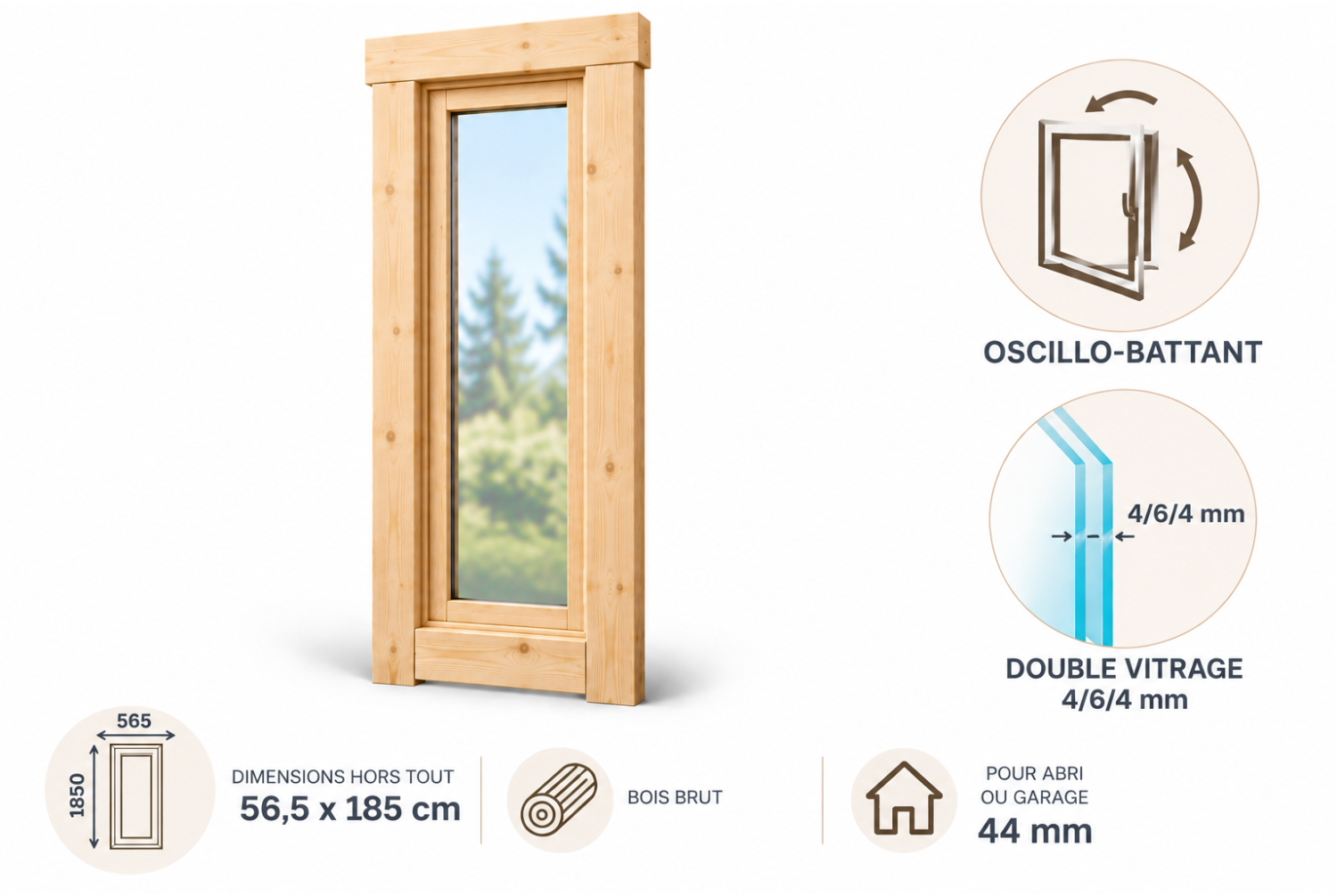 Fenêtre supplémentaire bois brut pour abri ou garage de 44mm - 56,5x185 cm - Double vitrage