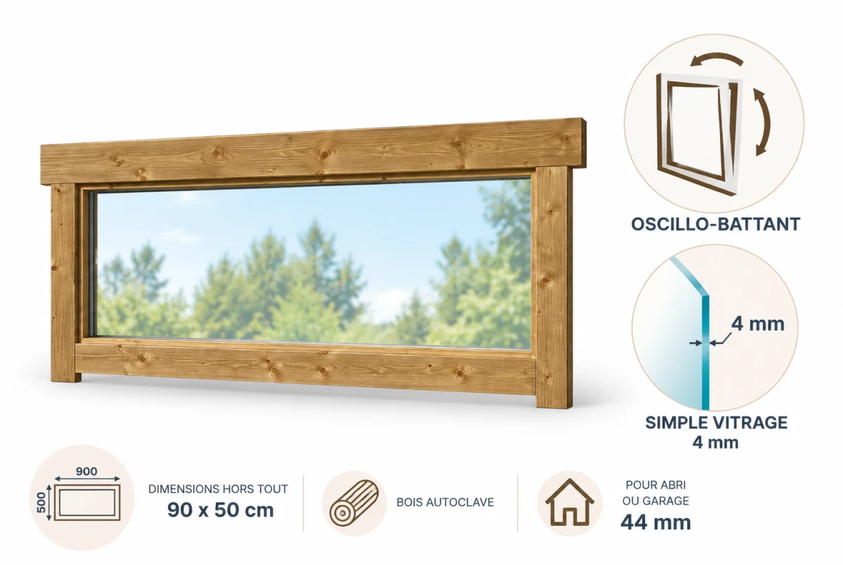Fenêtre supplémentaire bois autoclave 90 x 50 cm pour abri ou garage 44 mm
