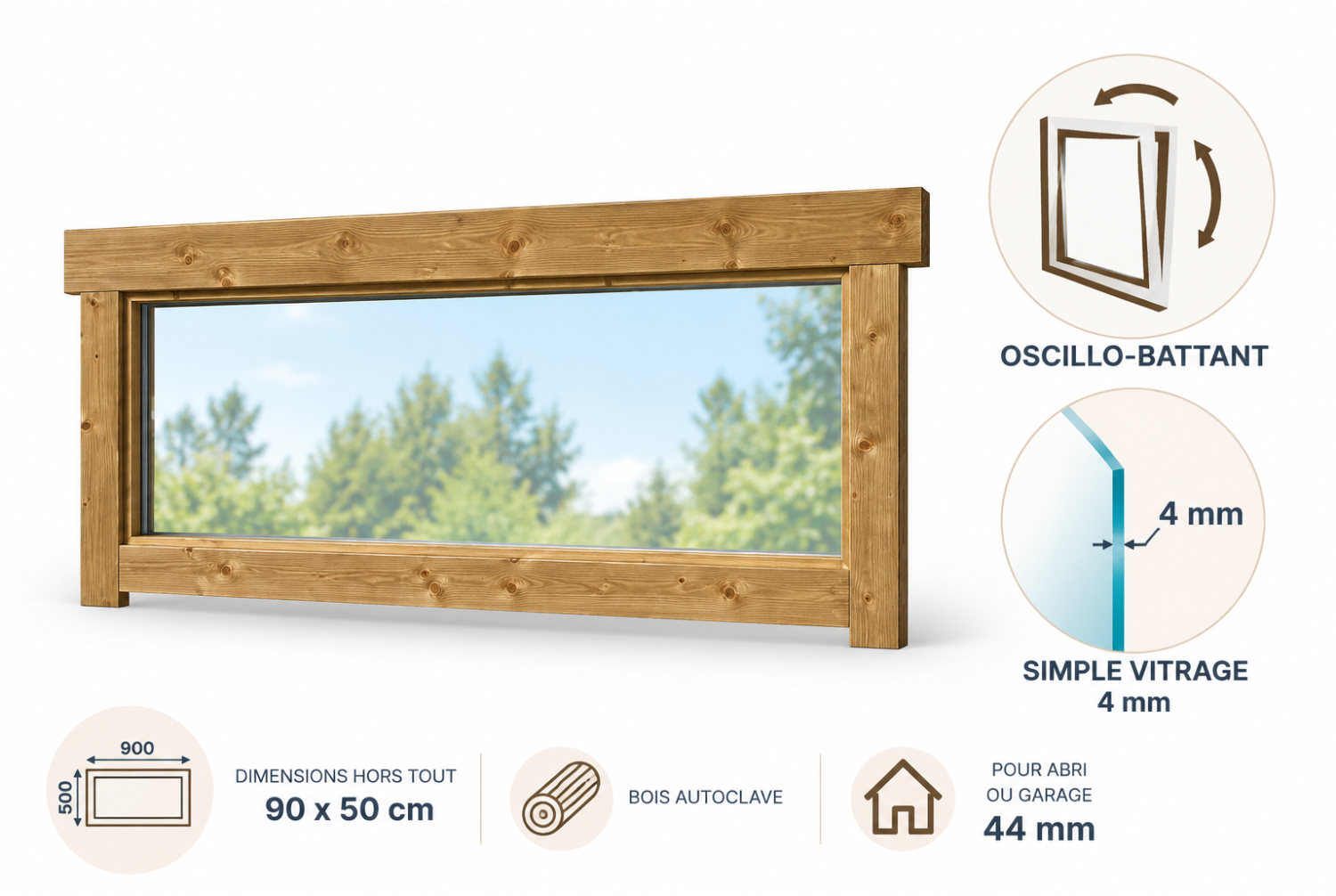 Fenêtre supplémentaire bois autoclave pour abri ou garage de 44mm - 90x50 cm - Simple vitrage