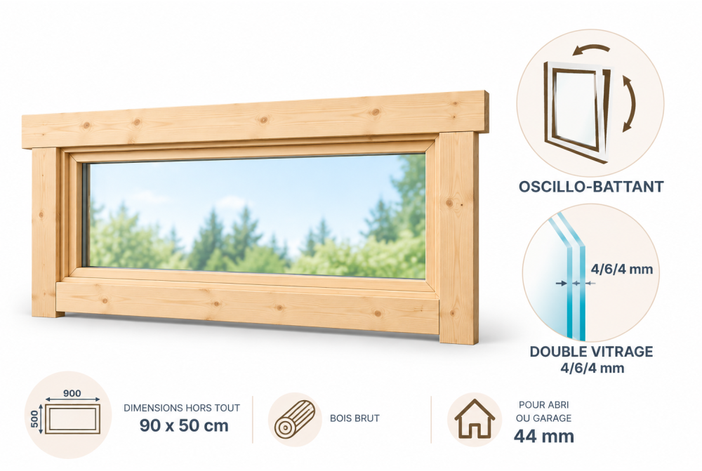 Fenêtre supplémentaire bois brut 90 x 50 cm pour abri ou garage 44 mm