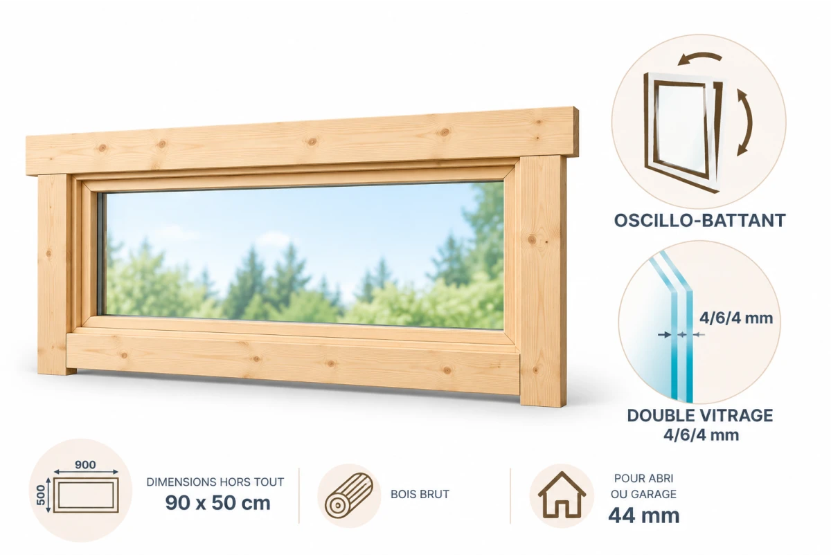 Fenêtre supplémentaire bois brut 90 x 50 cm pour abri ou garage 44 mm