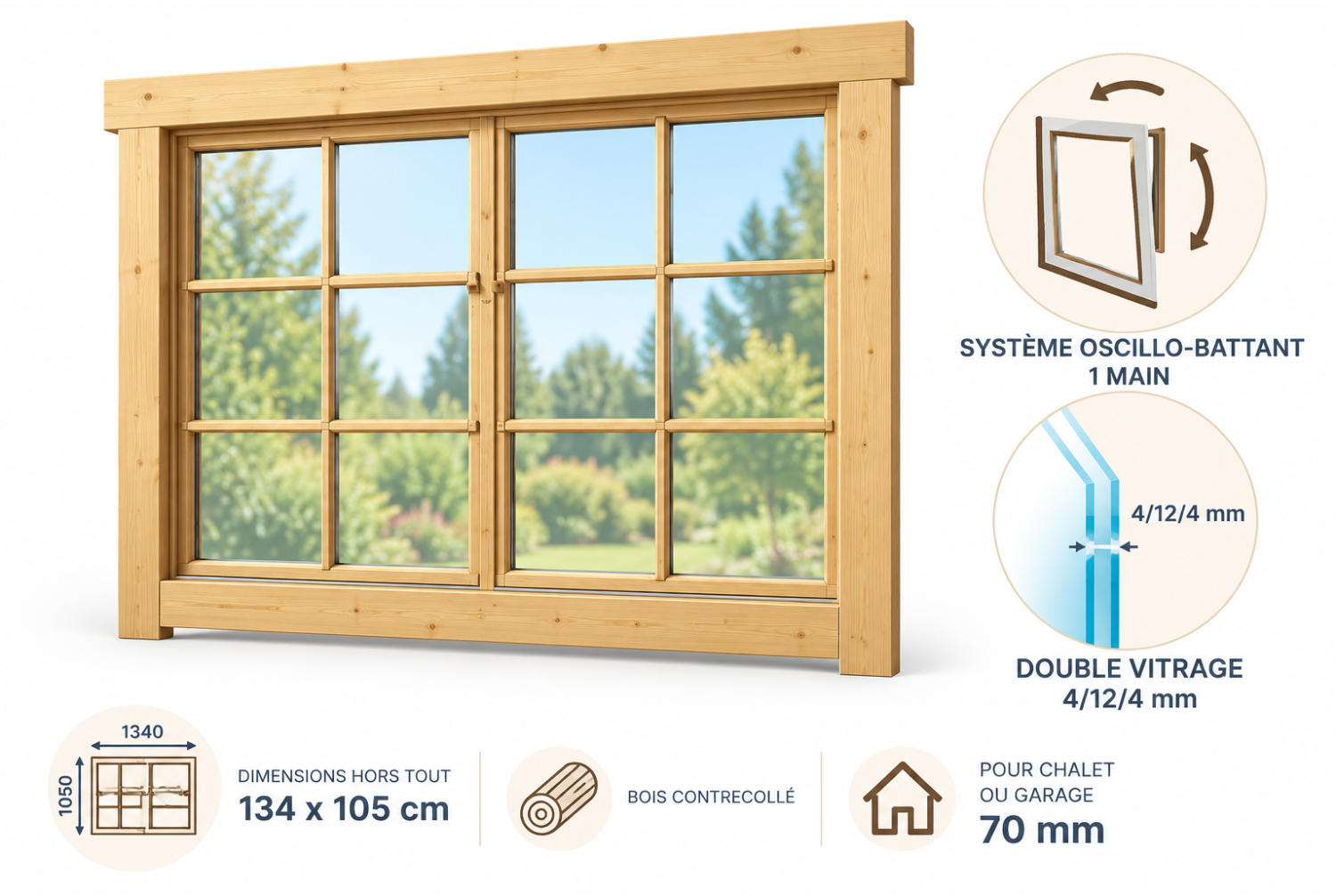 Fenêtre supplémentaire bois contrecollé pour chalet ou garage de 70mm - 134x105 cm - Double vitrage - Système 1 main