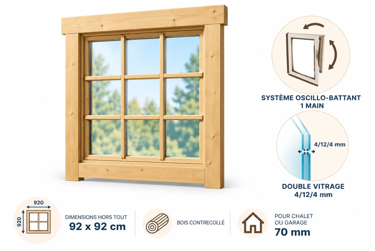 Fenêtre supplémentaire bois contrecollé 92 x 92 cm avec croisillons pour chalet ou garage 70 mm