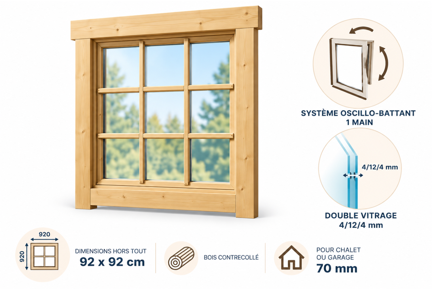 Fenêtre supplémentaire bois contrecollé pour chalet ou garage de 70mm - 92x92 cm - Double vitrage - Système 1 main