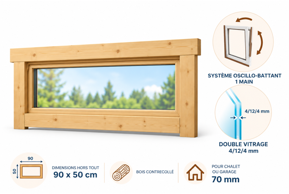 Fenêtre supplémentaire bois contrecollé 90 x 50 cm pour chalet ou garage 70 mm
