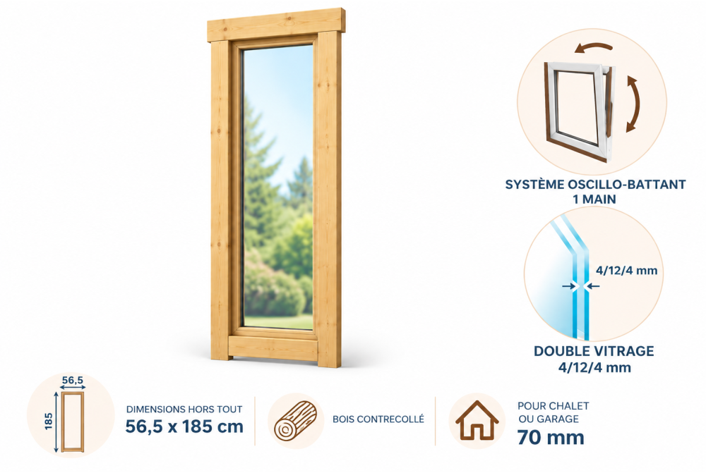 Fenêtre supplémentaire bois contrecollé 56,5 x 185 cm pour chalet ou garage 70 mm