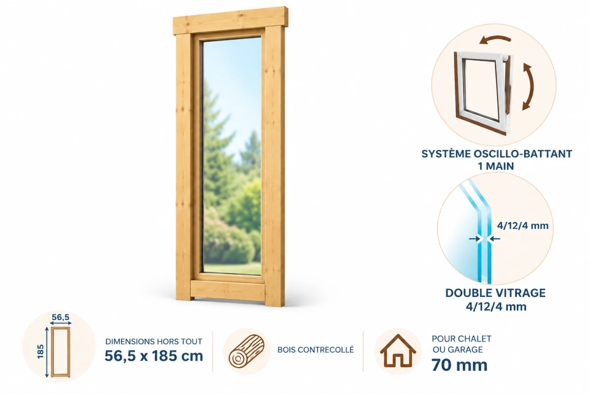 Fenêtre supplémentaire bois contrecollé 56,5 x 185 cm pour chalet ou garage 70 mm