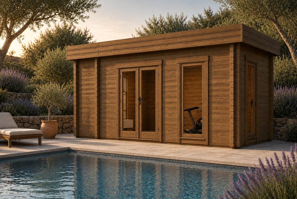 Chalet de jardin bois traité autoclave NATURA D - Toit plat - 2 pièces - 14,95 m² - Madriers 44 mm
