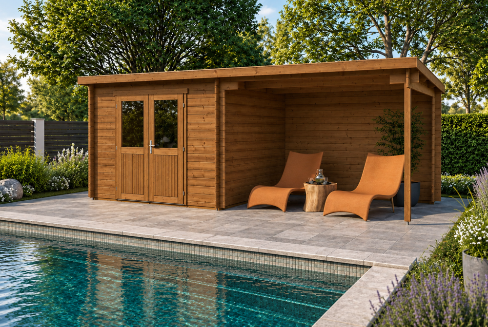 Abri de jardin bois traité autoclave ALIZÉ A - Toit plat avec auvent - 7,42 m² + auvent 8,16 m² - Madriers 28 mm