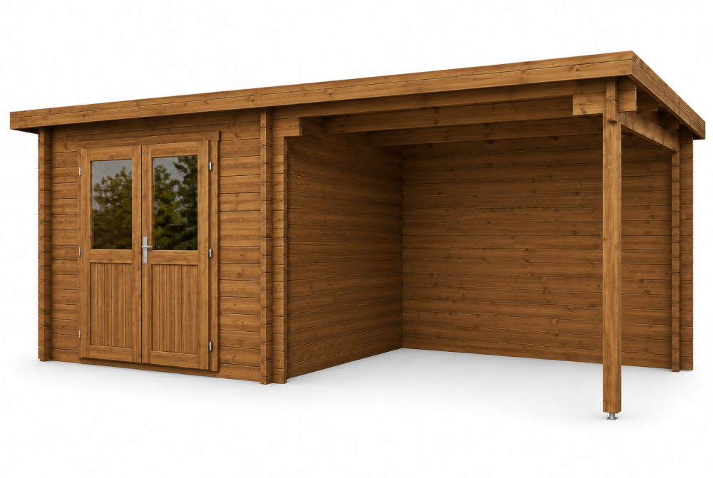 Abri de jardin bois traité autoclave ALIZÉ A - Toit plat avec auvent - 7,42 m² + auvent 8,16 m² - Madriers 28 mm