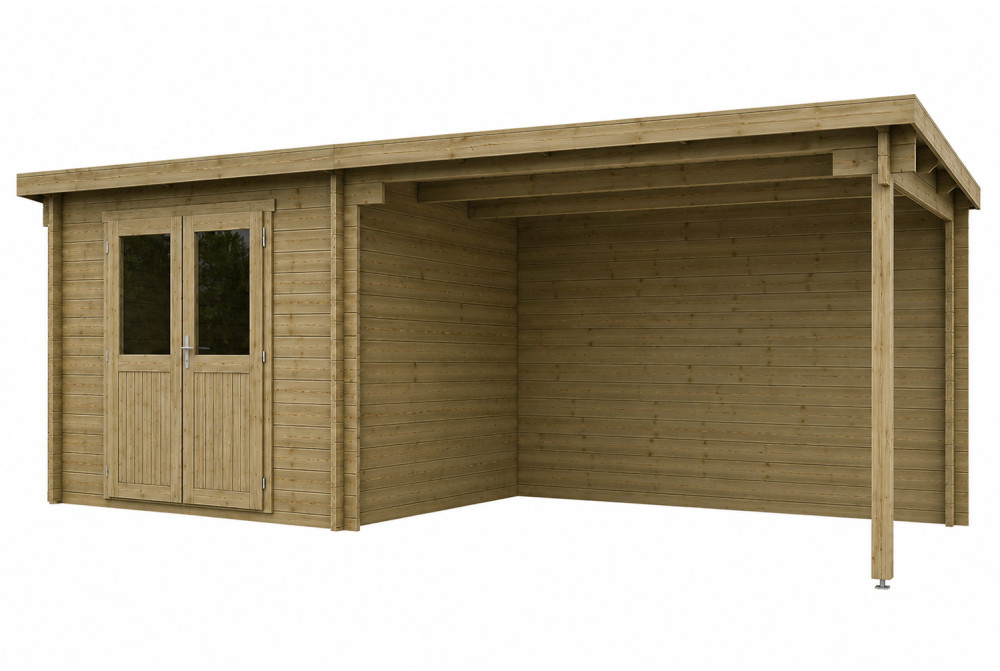 Abri de jardin bois traité autoclave ALIZÉ B - Toit plat avec auvent - 7,42 m² + auvent 10,63 m² - Madriers 28 mm
