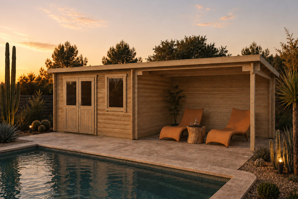 Abri de jardin bois traité autoclave ALIZÉ C - Toit plat avec auvent - 9,87 m² + auvent 10,63 m² - Madriers 28 mm