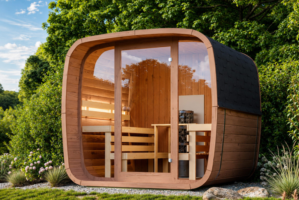 Sauna tonneau extérieur AURORA 3 – 3,84 m² – Bois thermotraité brun – Madriers 40 mm