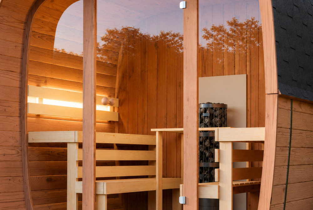 Sauna tonneau extérieur AURORA 3 – 3,84 m² – Bois thermotraité brun – Madriers 40 mm