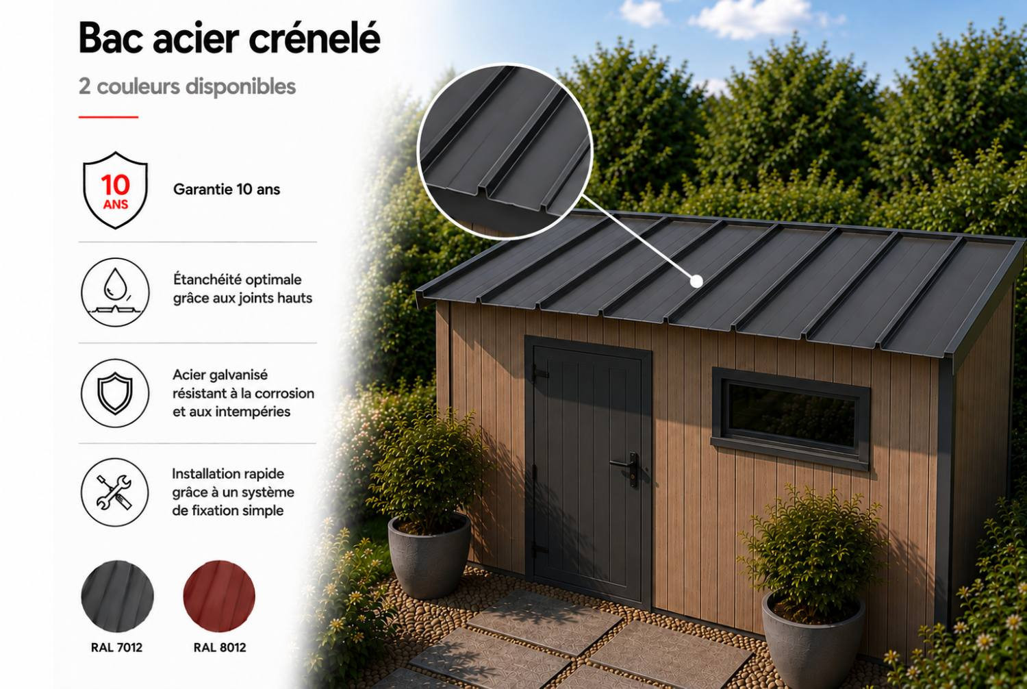 Bac acier crénelé pour Pergola bois traditionnelle ATLAS 3,50 × 3,50 m