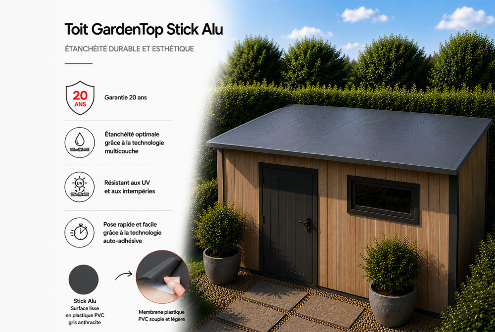 Gardentop Stick — membrane bitumeuse autocollante à froid, dès 3° de pente, kit de 9 rouleaux pour abri, garage ou chalet