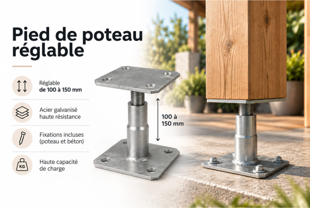 Kit de 4 platines réglables pour pied de poteau de carport ou pergola – Nature & Structures