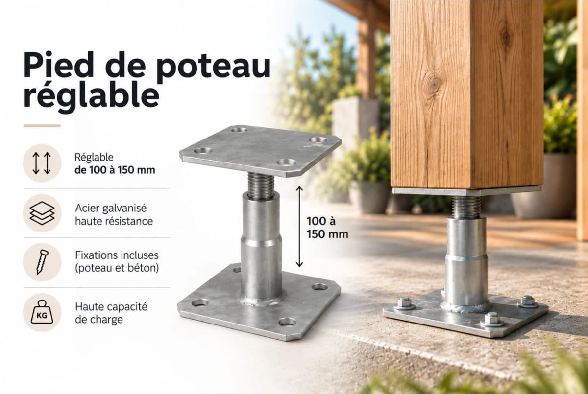 Kit de 5 platines réglables pour pied de poteau de carport ou pergola – Nature & Structures